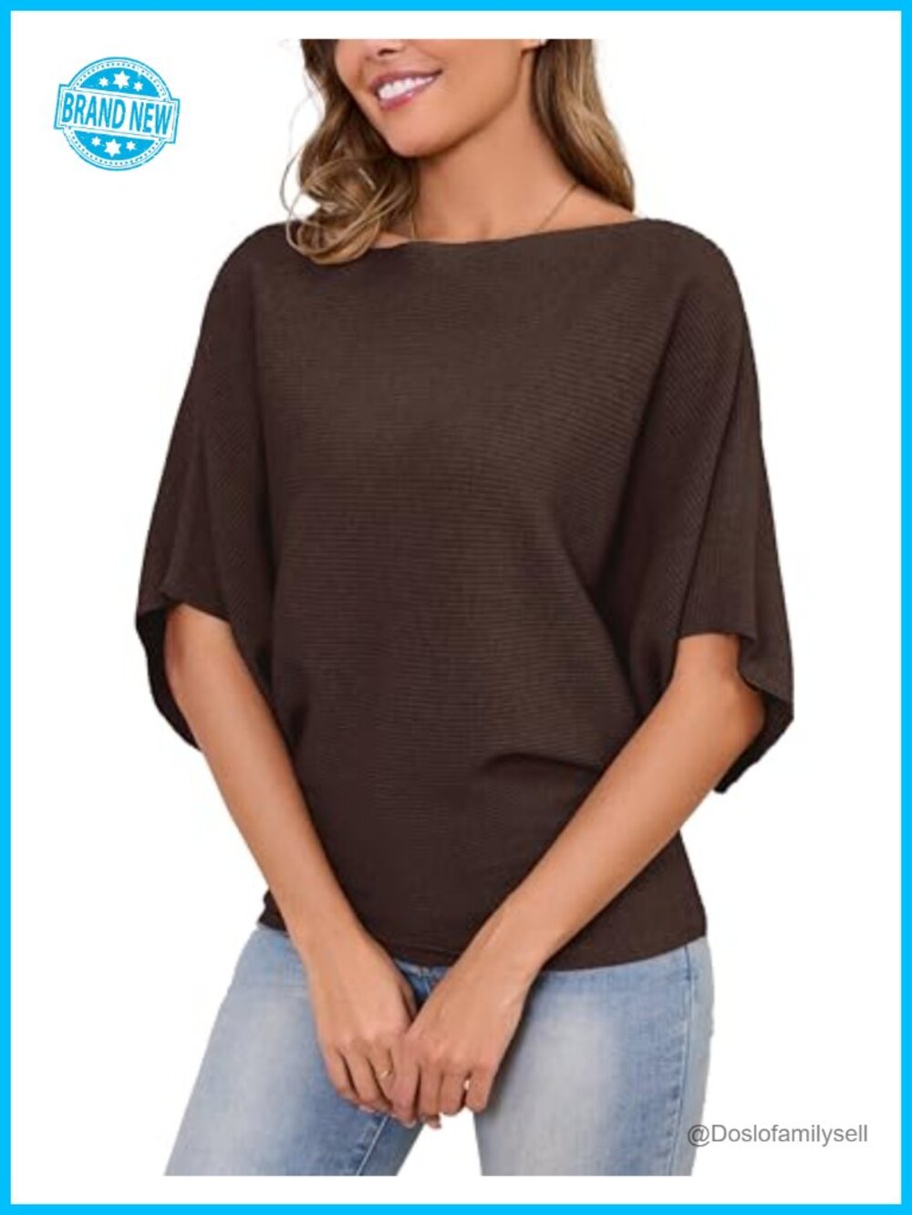 Womens Batwing Dolman Sleeve Knitted Pullover Sweater Boat Neck Loose Fit